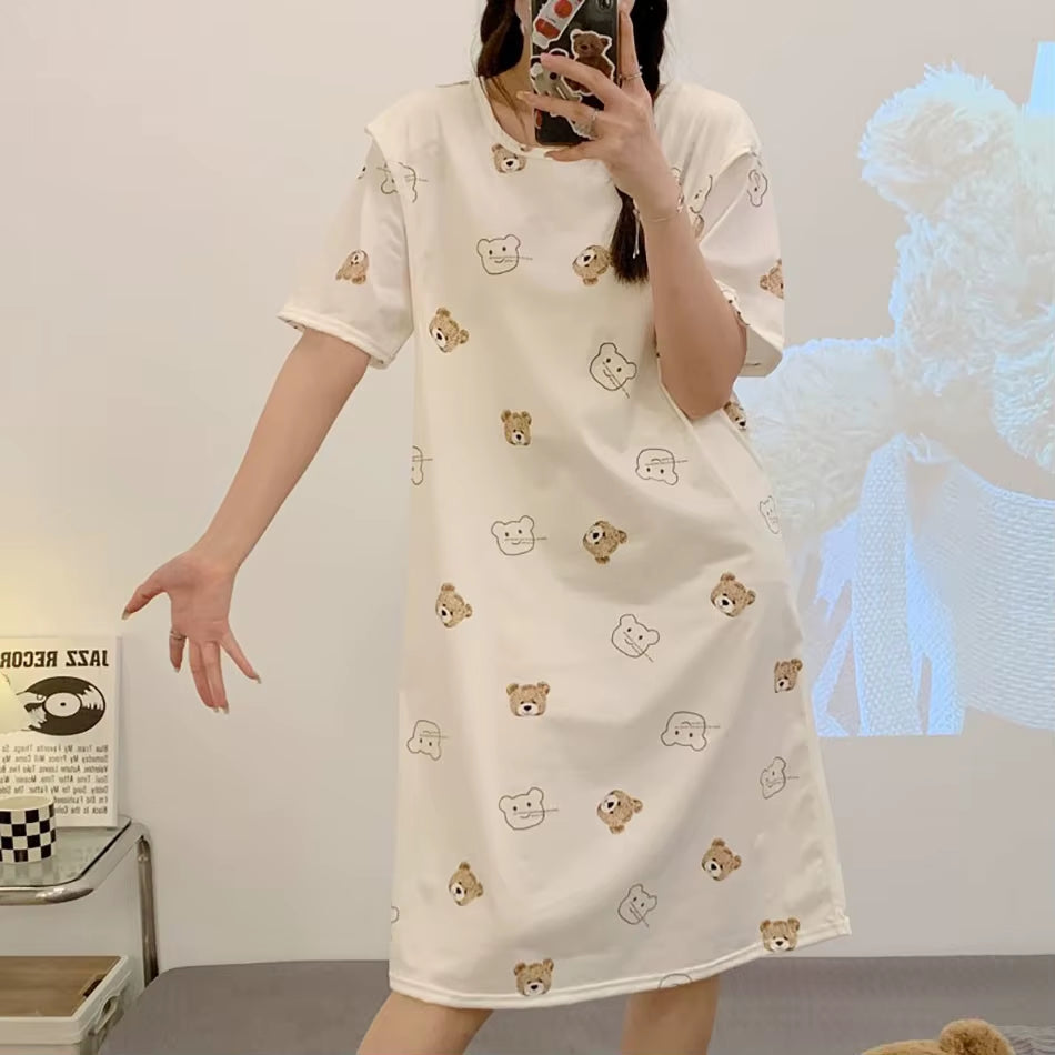 Cute Cartoon Nursing Maternity Clothings Pregnant Women plus Size Spring Summer Nightgown Easy Access Breastfeeding Dresses