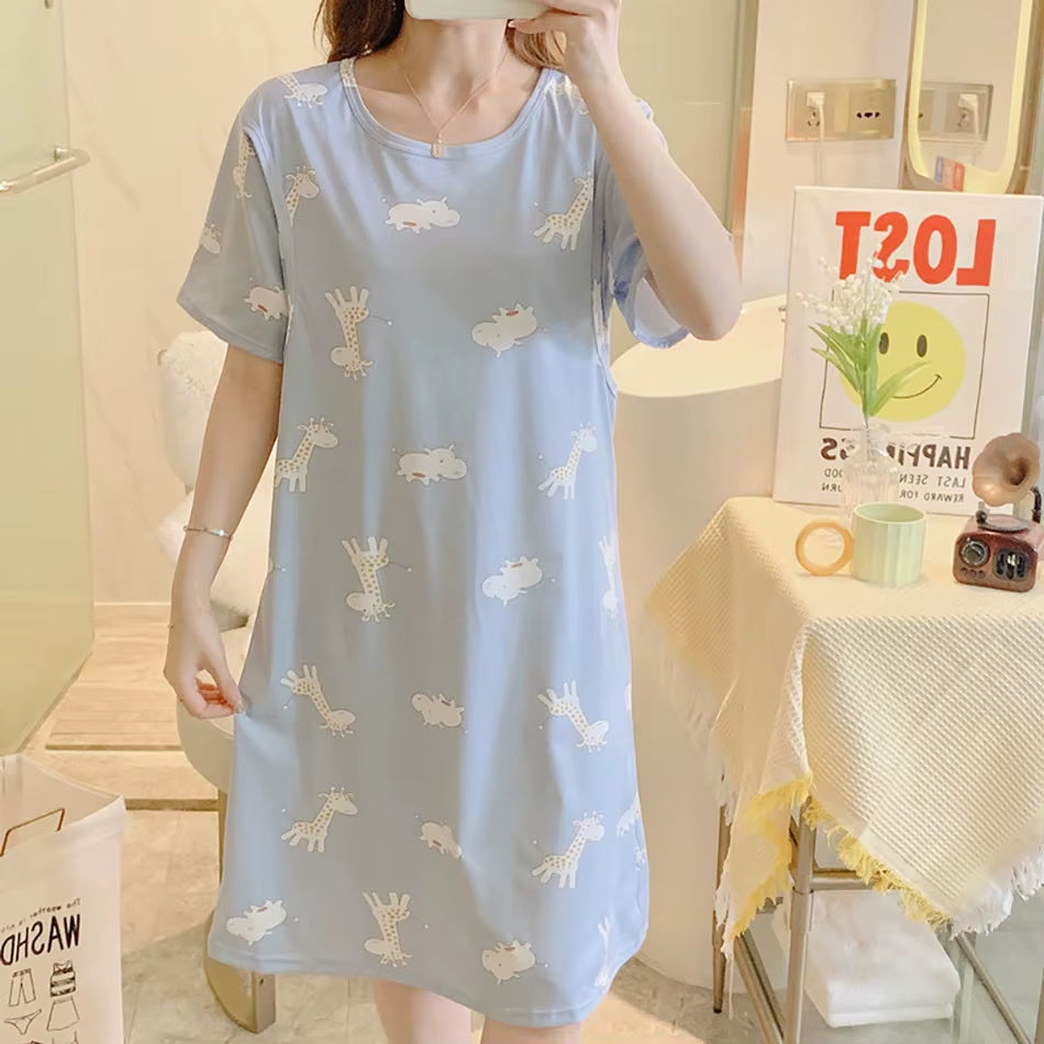 Cute Cartoon Nursing Maternity Clothings Pregnant Women plus Size Spring Summer Nightgown Easy Access Breastfeeding Dresses