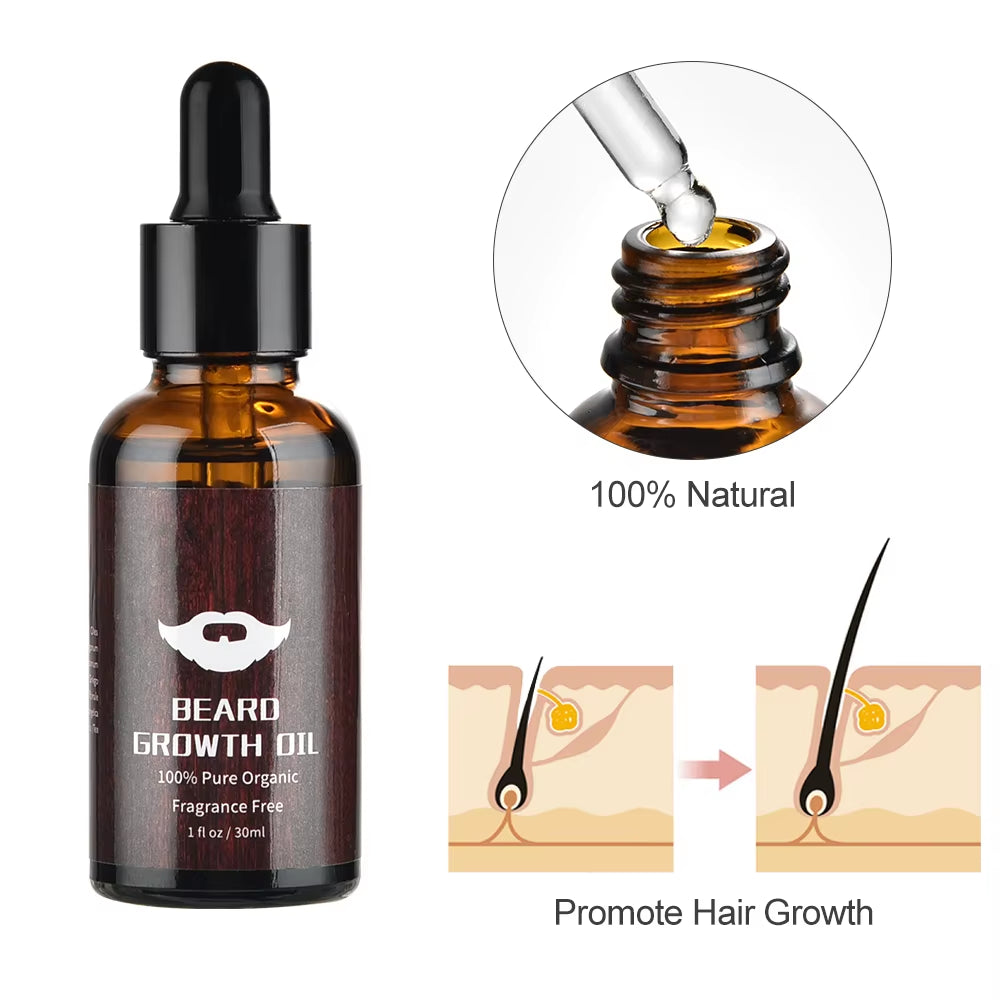 4Pcs/Set Beard Growth Kit Hair Enhancerbeard Essential Oil Moisturizing Hair Wax Roller Comb for Men Barbe Beard Styling Care