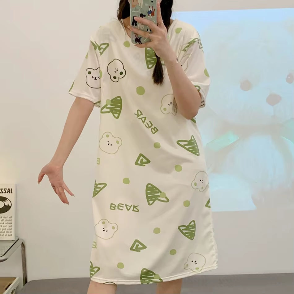 Cute Cartoon Nursing Maternity Clothings Pregnant Women plus Size Spring Summer Nightgown Easy Access Breastfeeding Dresses