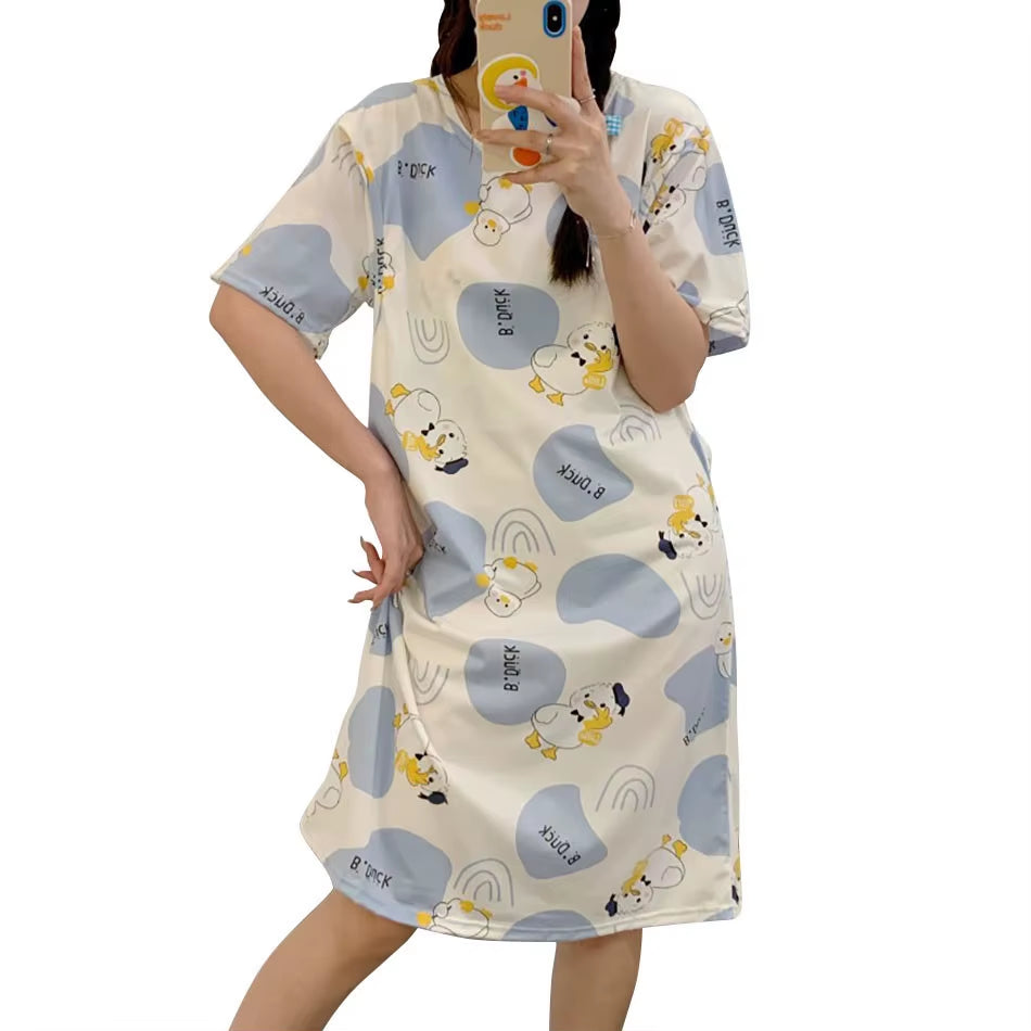 Cute Cartoon Nursing Maternity Clothings Pregnant Women plus Size Spring Summer Nightgown Easy Access Breastfeeding Dresses