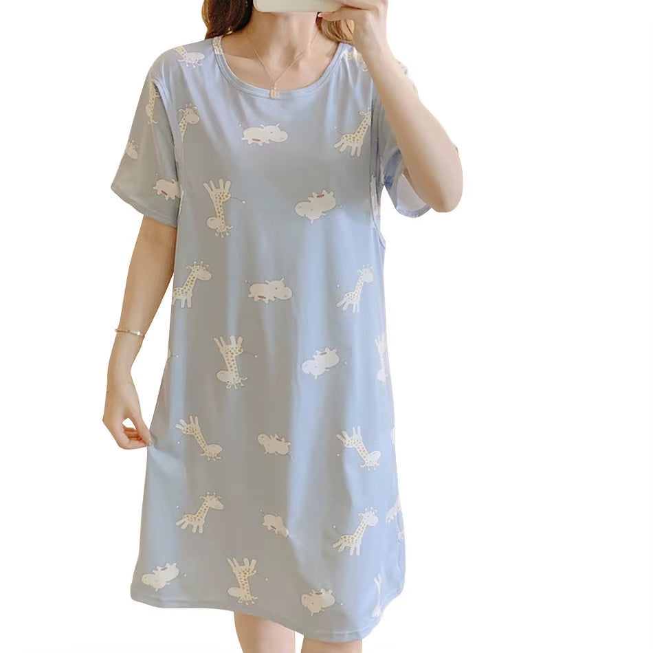 Cute Cartoon Nursing Maternity Clothings Pregnant Women plus Size Spring Summer Nightgown Easy Access Breastfeeding Dresses