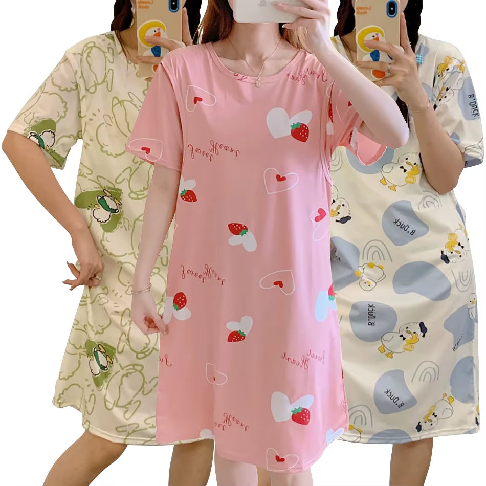 Cute Cartoon Nursing Maternity Clothings Pregnant Women plus Size Spring Summer Nightgown Easy Access Breastfeeding Dresses