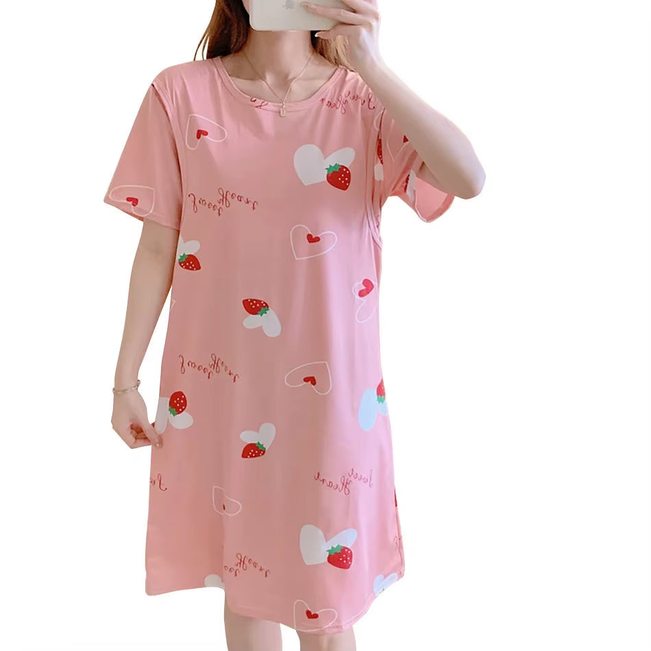 Cute Cartoon Nursing Maternity Clothings Pregnant Women plus Size Spring Summer Nightgown Easy Access Breastfeeding Dresses