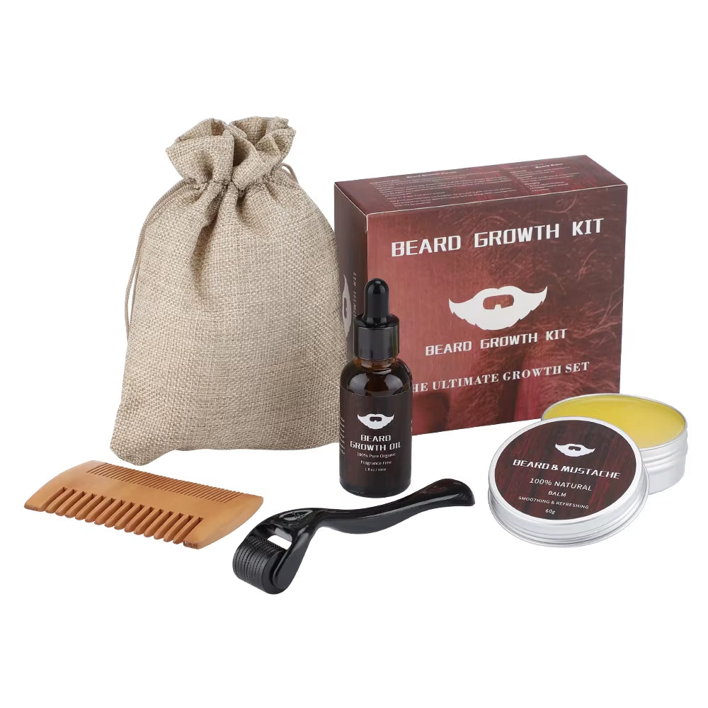 4Pcs/Set Beard Growth Kit Hair Enhancerbeard Essential Oil Moisturizing Hair Wax Roller Comb for Men Barbe Beard Styling Care