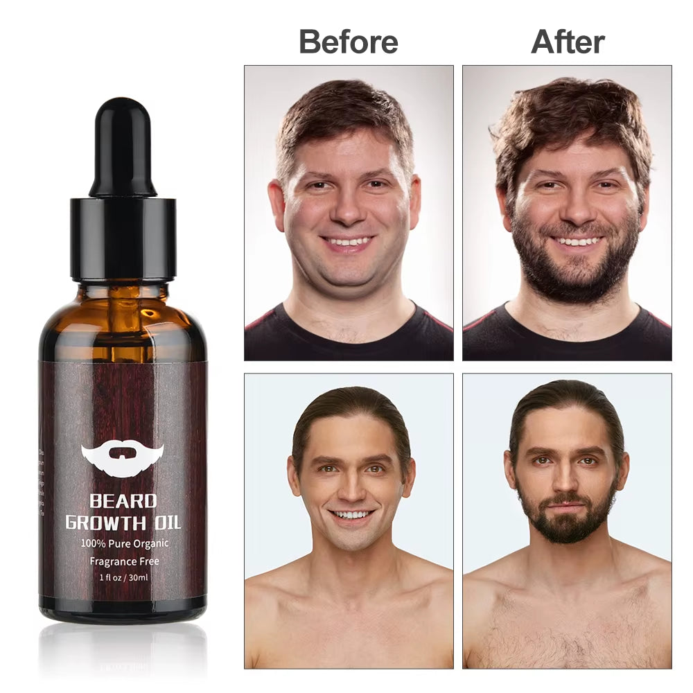 4Pcs/Set Beard Growth Kit Hair Enhancerbeard Essential Oil Moisturizing Hair Wax Roller Comb for Men Barbe Beard Styling Care