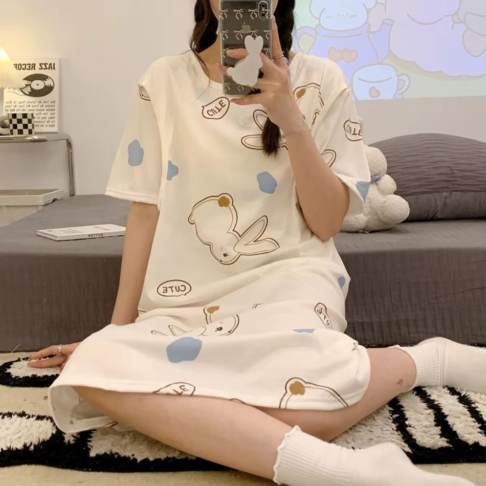 Cute Cartoon Nursing Maternity Clothings Pregnant Women plus Size Spring Summer Nightgown Easy Access Breastfeeding Dresses