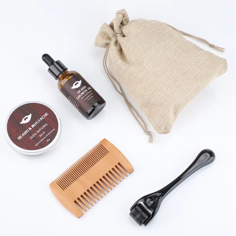 4Pcs/Set Beard Growth Kit Hair Enhancerbeard Essential Oil Moisturizing Hair Wax Roller Comb for Men Barbe Beard Styling Care